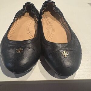 Tory Burch Black Leather Flats with Gold Logo